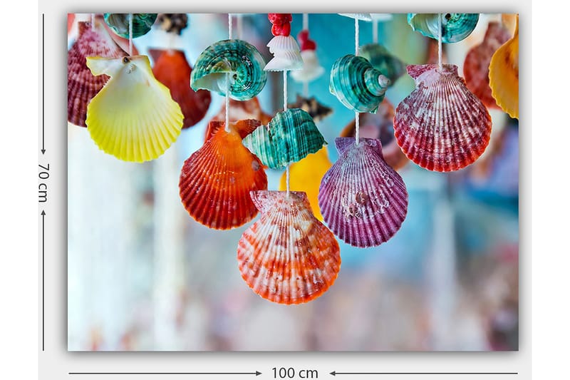 Canvastavla 70x100 cm - Färgglada snäckor hängande i en dekorativ uppsättning - Röd / Grön / Orange - Inredning - Tavlor & konst - Canvastavlor