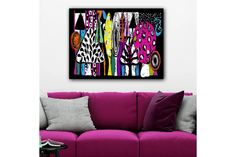 Canvastavla 70x100 cm - Färgglada svampar och abstrakta former i en lekfull komposition - Rosa / Svart / Grön - Inredning - Tavlor & konst - Canvastavlor