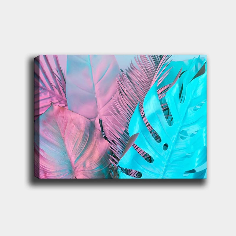 Canvastavla 70x100 cm - Färgglada tropiska blad i pastellnyanser, Ljusblå / Rosa