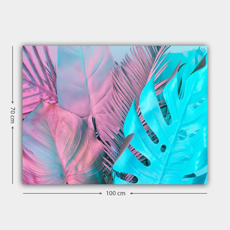 Canvastavla 70x100 cm - Färgglada tropiska blad i pastellnyanser - Ljusblå / Rosa - Inredning - Tavlor & konst - Canvastavlor