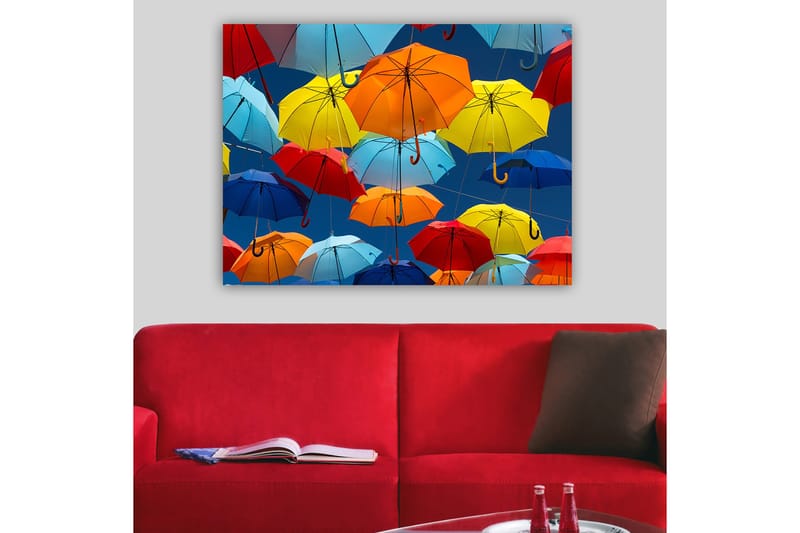 Canvastavla 70x100 cm - Färgglada paraplyer som svävar i luften - Röd / Blå / Gul - Inredning - Tavlor & konst - Canvastavlor