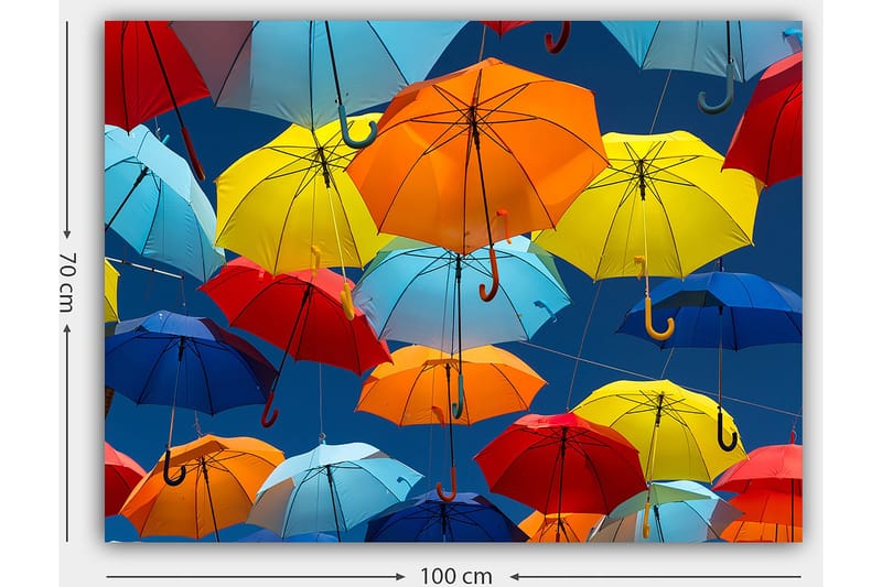 Canvastavla 70x100 cm - Färgglada paraplyer som svävar i luften - Röd / Blå / Gul - Inredning - Tavlor & konst - Canvastavlor