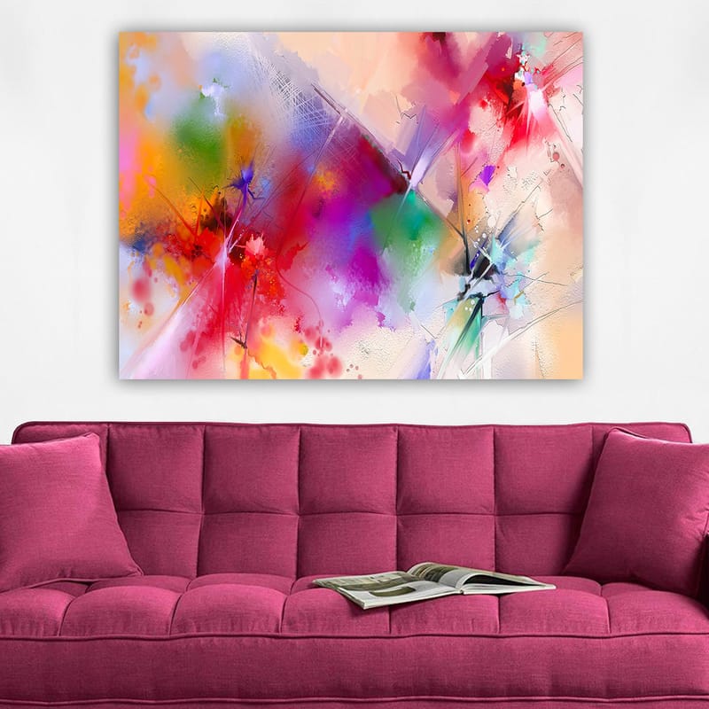 Canvastavla 70x100 cm - Färgsprakande abstrakt komposition med dynamiska former och livfulla färger - Röd / Lila / Grön - Inredning - Tavlor & konst - Canvastavlor