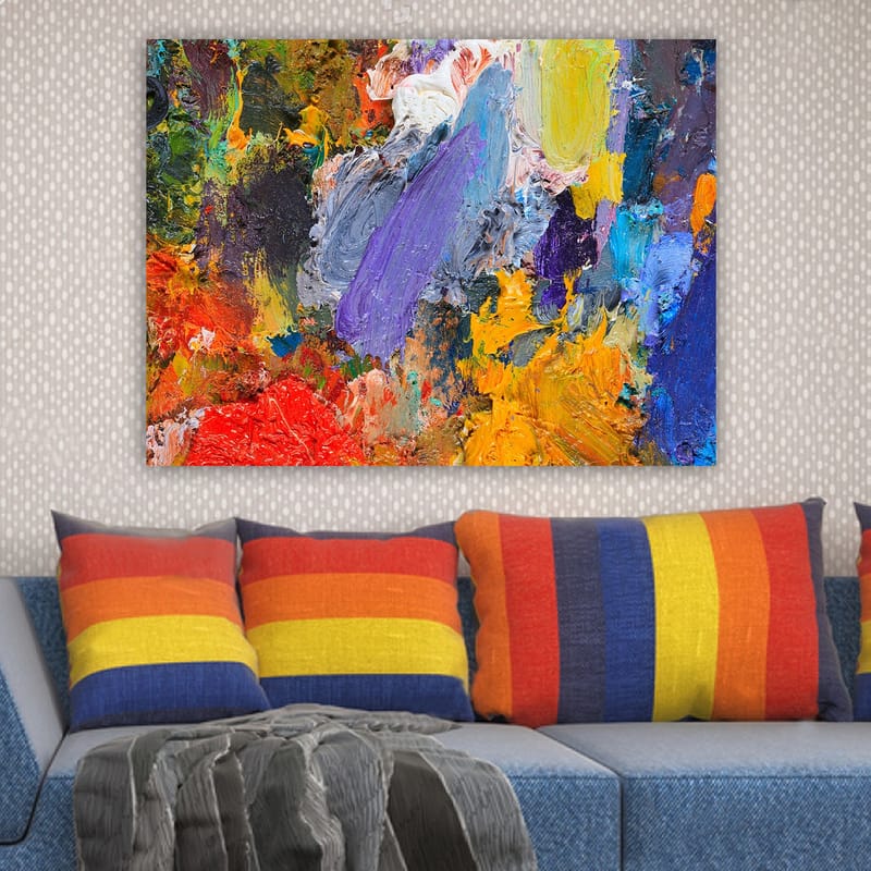Canvastavla 70x100 cm - Färgsprakande abstrakt komposition med dynamiska penseldrag och livfulla nyanser - Lila / Orange / Röd - Inredning - Tavlor & konst - Canvastavlor