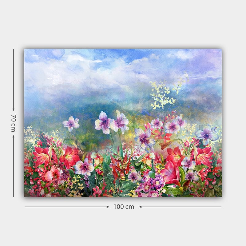 Canvastavla 70x100 cm - Färgsprakande blomsteräng med olika blommor i livfulla nyanser - Röd / Lila / Grön - Inredning - Tavlor & konst - Canvastavlor