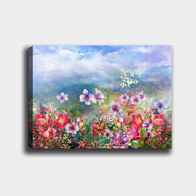 Canvastavla 70x100 cm - Färgsprakande blomsteräng med olika blommor i livfulla nyanser, Röd / Lila / Grön