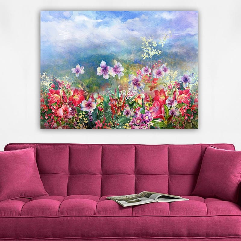 Canvastavla 70x100 cm - Färgsprakande blomsteräng med olika blommor i livfulla nyanser - Röd / Lila / Grön - Inredning - Tavlor & konst - Canvastavlor