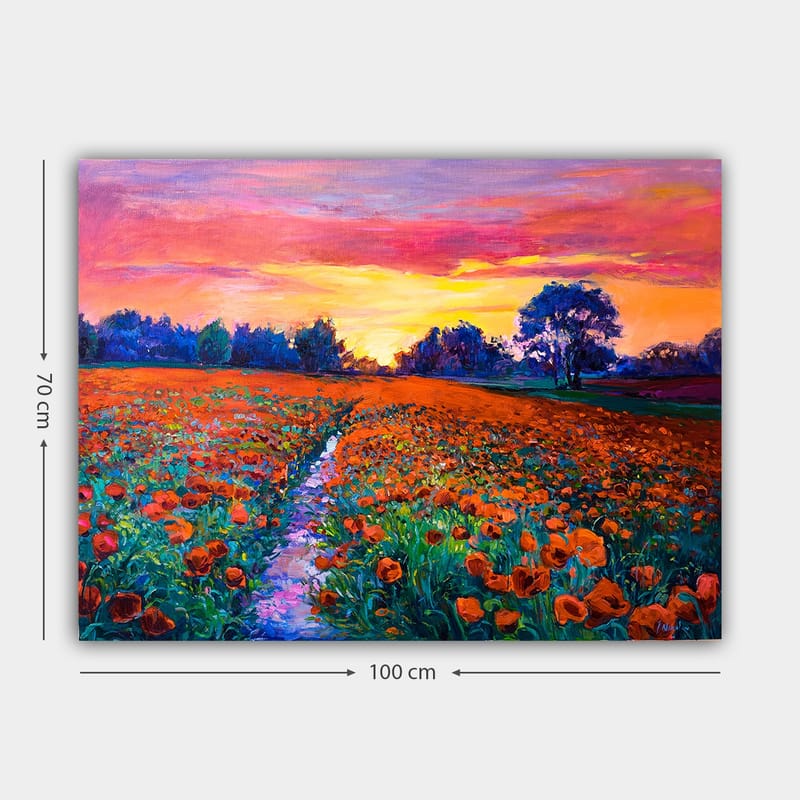 Canvastavla 70x100 cm - Färgsprakande blomsteräng med vallmo under en solnedgång - Orange / Grön / Lila - Inredning - Tavlor & konst - Canvastavlor