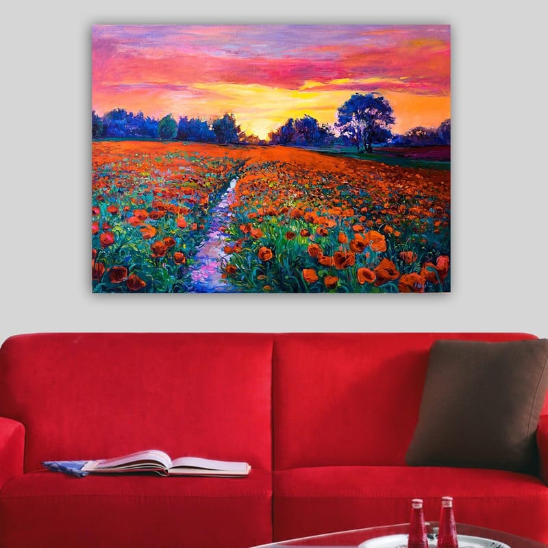 Canvastavla 70x100 cm - Färgsprakande blomsteräng med vallmo under en solnedgång - Orange / Grön / Lila - Inredning - Tavlor & konst - Canvastavlor