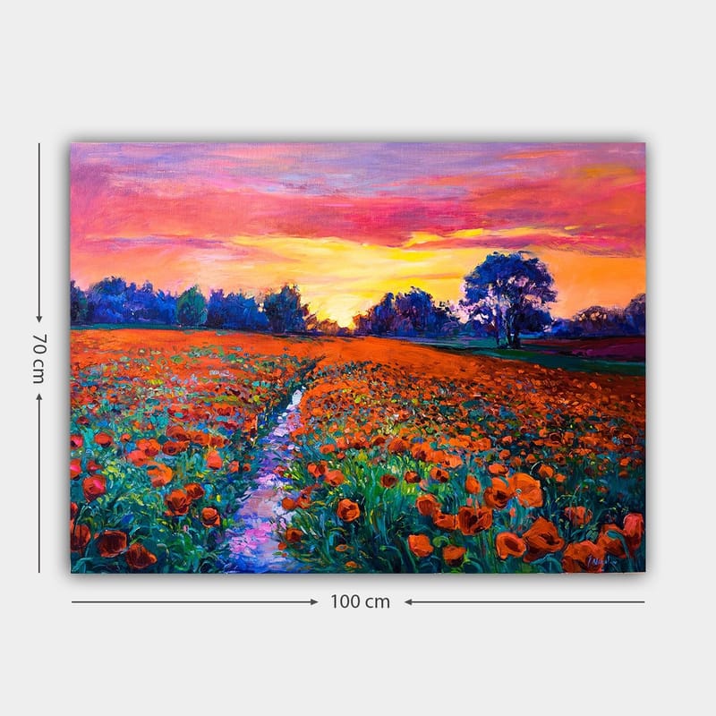 Canvastavla 70x100 cm - Färgsprakande blomsteräng med vallmo under en solnedgång - Orange / Grön / Lila - Inredning - Tavlor & konst - Canvastavlor