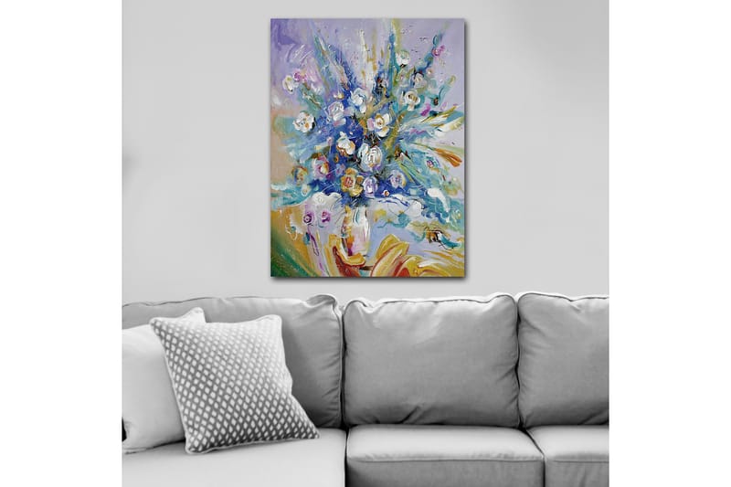 Canvastavla 70x100 cm - Färgsprakande blomsterbukett med en dynamisk komposition, Blå / Grön / Vit