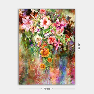 Canvastavla 70x100 cm - Färgsprakande bukett av blommor med olika sorter och nyanser - Rosa / Grön / Orange - Inredning - Tavlor & konst - Canvastavlor