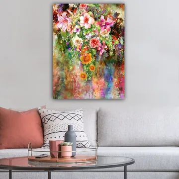 Canvastavla 70x100 cm - Färgsprakande bukett av blommor med olika sorter och nyanser - Rosa / Grön / Orange - Inredning - Tavlor & konst - Canvastavlor