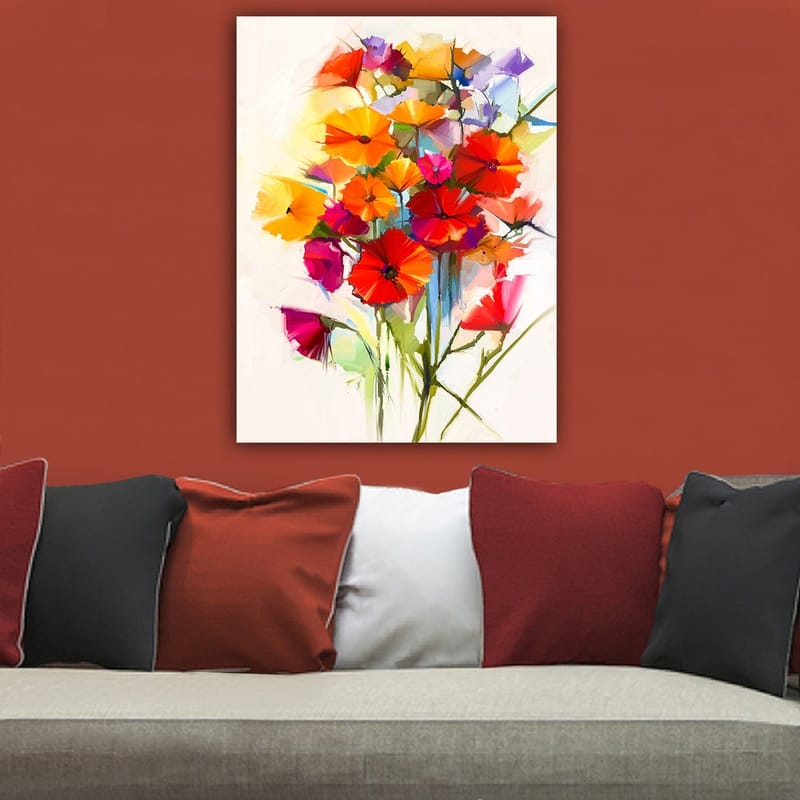 Canvastavla 70x100 cm - Färgsprakande bukett med blommor i olika nyanser - Röd / Orange / Lila - Inredning - Tavlor & konst - Canvastavlor
