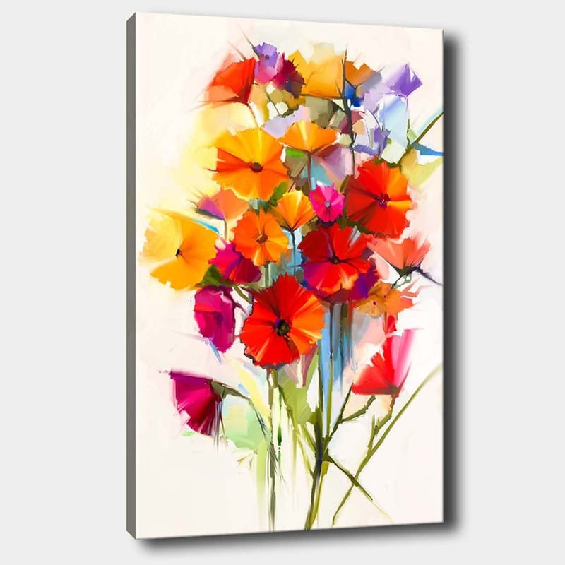 Canvastavla 70x100 cm - Färgsprakande bukett med blommor i olika nyanser, Röd / Orange / Lila