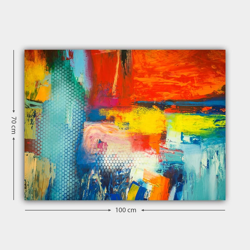 Canvastavla 70x100 cm - Färgstark abstrakt komposition med inslag av röd, blå och gul färg som skapar en dynamisk känsla - Röd / Blå / Gul - Inredning - Tavlor & konst - Canvastavlor