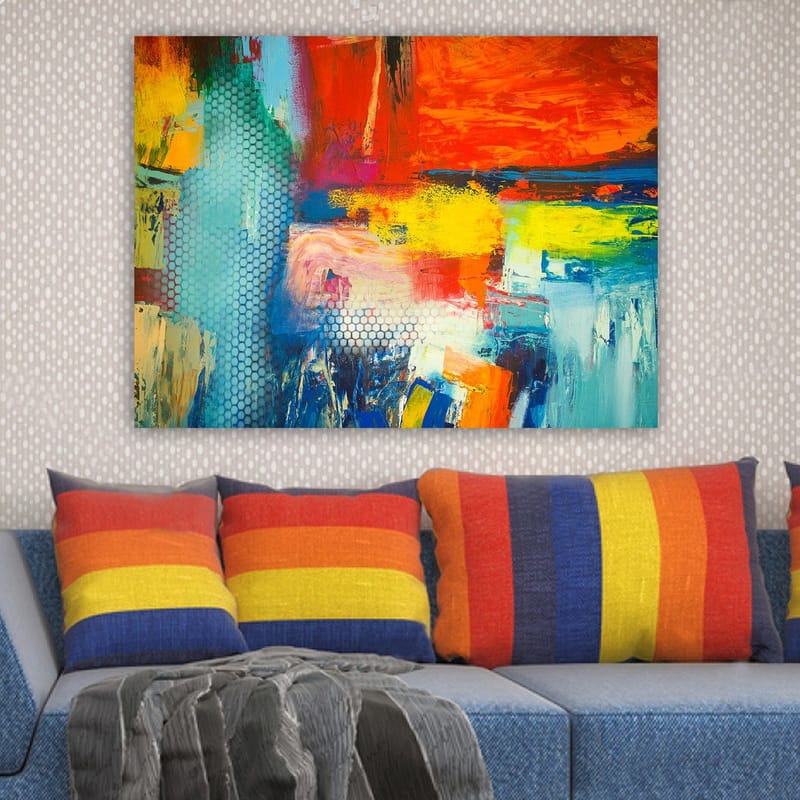 Canvastavla 70x100 cm - Färgstark abstrakt komposition med inslag av röd, blå och gul färg som skapar en dynamisk känsla - Röd / Blå / Gul - Inredning - Tavlor & konst - Canvastavlor