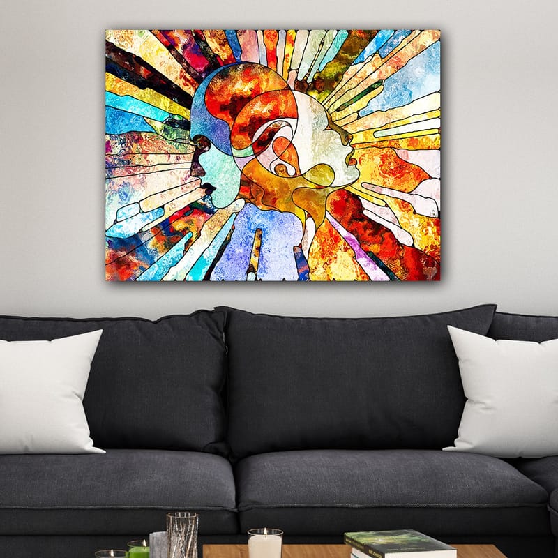 Canvastavla 70x100 cm - Färgstark abstrakt representation av två ansikten som symboliserar samhörighet och kommunikation - Röd / Blå / Orange - Inredning - Tavlor & konst - Canvastavlor