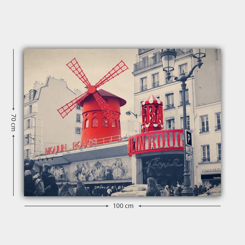 Canvastavla 70x100 cm - Färgstark avbildning av Moulin Rouge med sin karakteristiska röda vindmölla - Röd / Svart / Grå - Inredning - Tavlor & konst - Canvastavlor