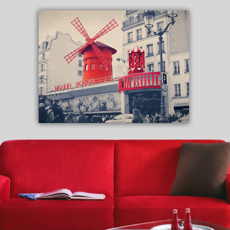 Canvastavla 70x100 cm - Färgstark avbildning av Moulin Rouge med sin karakteristiska röda vindmölla - Röd / Svart / Grå - Inredning - Tavlor & konst - Canvastavlor