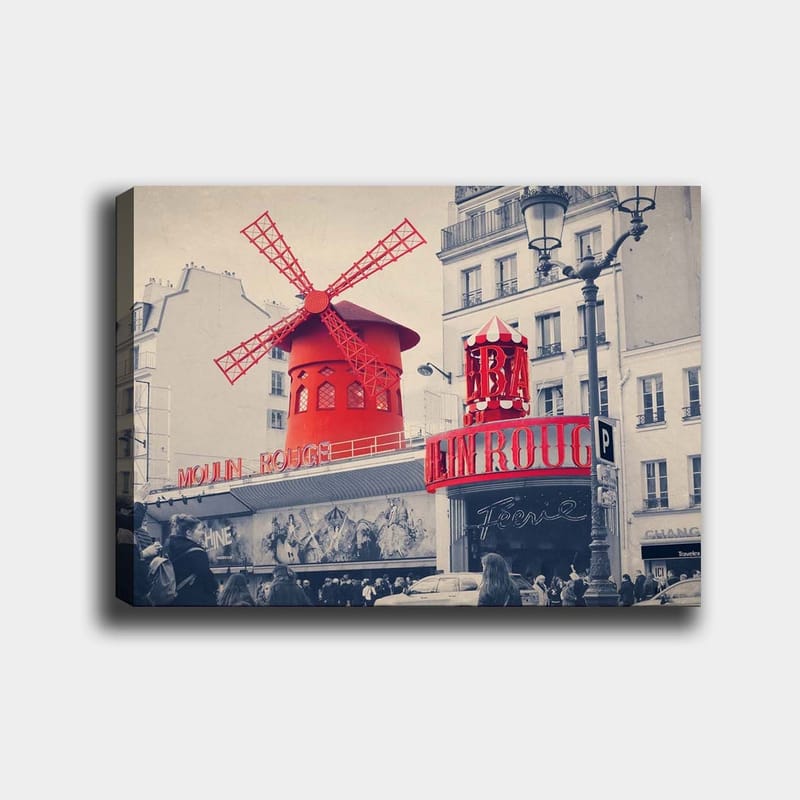 Canvastavla 70x100 cm - Färgstark avbildning av Moulin Rouge med sin karakteristiska röda vindmölla - Röd / Svart / Grå - Inredning - Tavlor & konst - Canvastavlor