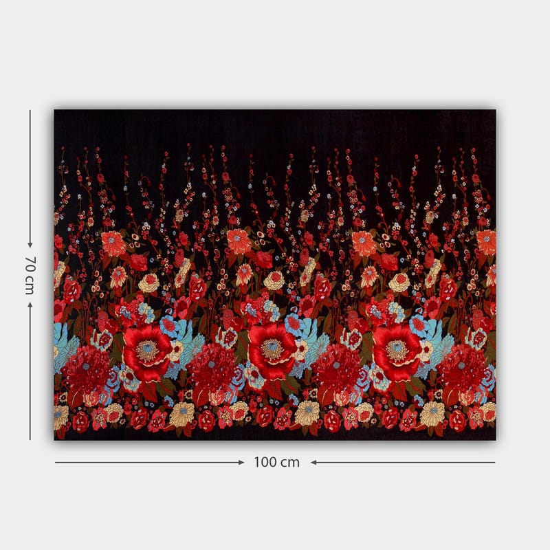 Canvastavla 70x100 cm - Färgstark blommönsterkomposition med röda och blå blommor som skapar en livfull atmosfär - Röd / Blå / Grön - Inredning - Tavlor & konst - Canvastavlor
