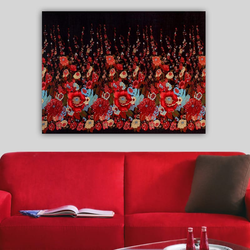 Canvastavla 70x100 cm - Färgstark blommönsterkomposition med röda och blå blommor som skapar en livfull atmosfär - Röd / Blå / Grön - Inredning - Tavlor & konst - Canvastavlor