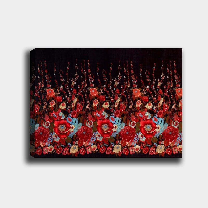 Canvastavla 70x100 cm - Färgstark blommönsterkomposition med röda och blå blommor som skapar en livfull atmosfär, Röd / Blå / Grön