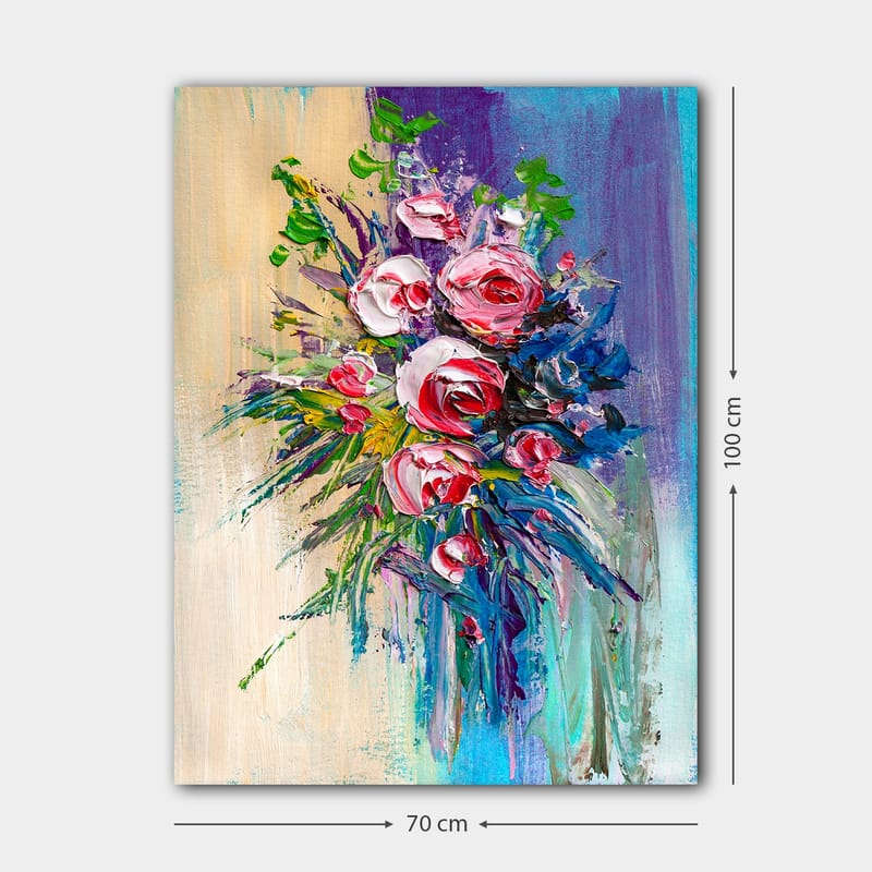 Canvastavla 70x100 cm - Färgstark bukett med rosor och gröna blad - Rosa / Grön / Blå - Inredning - Tavlor & konst - Canvastavlor
