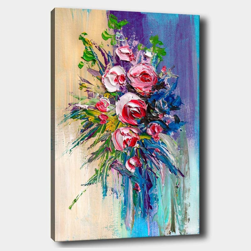 Canvastavla 70x100 cm - Färgstark bukett med rosor och gröna blad, Rosa / Grön / Blå