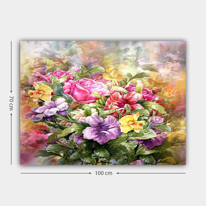 Canvastavla 70x100 cm - Färgstark bukett med rosor och violer i olika nyanser - Rosa / Lila / Gul - Inredning - Tavlor & konst - Canvastavlor
