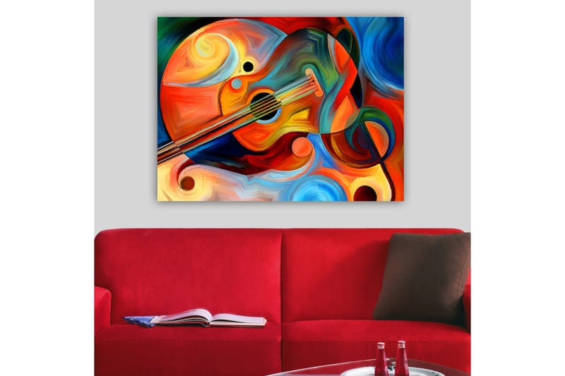 Canvastavla 70x100 cm - Färgstark gitarr omgiven av abstrakta former och svängande linjer - Röd / Orange / Blå - Inredning - Tavlor & konst - Canvastavlor