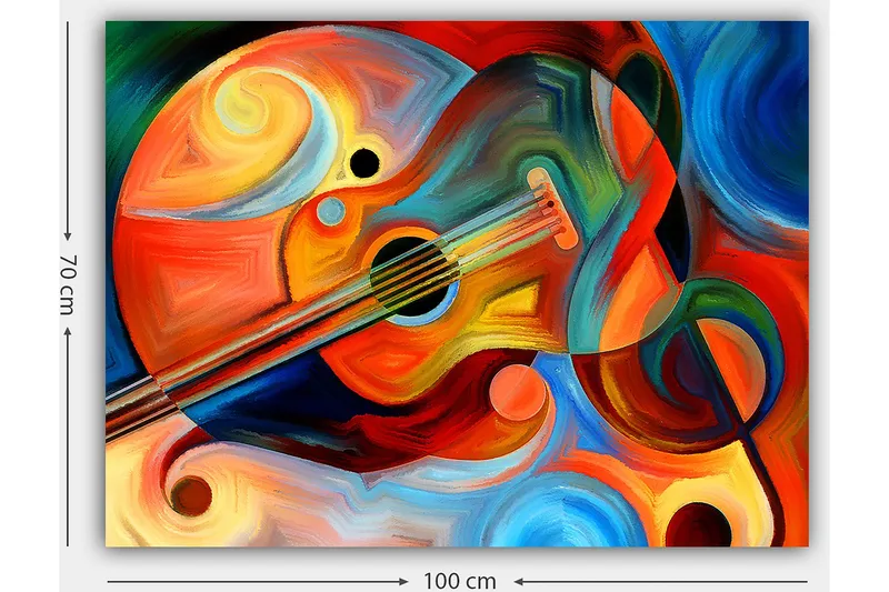 Canvastavla 70x100 cm - Färgstark gitarr omgiven av abstrakta former och svängande linjer - Röd / Orange / Blå - Inredning - Tavlor & konst - Canvastavlor