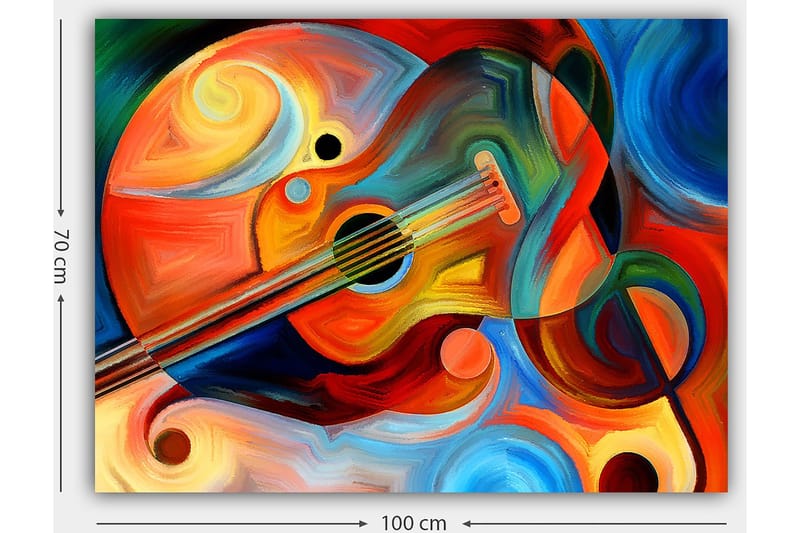 Canvastavla 70x100 cm - Färgstark gitarr omgiven av abstrakta former och svängande linjer - Röd / Orange / Blå - Inredning - Tavlor & konst - Canvastavlor