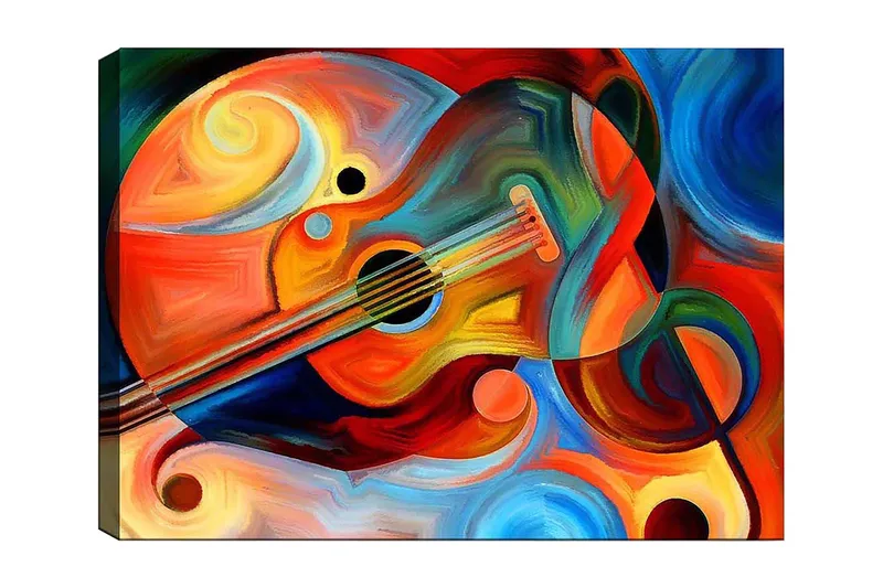 Canvastavla 70x100 cm - Färgstark gitarr omgiven av abstrakta former och svängande linjer, Röd / Orange / Blå