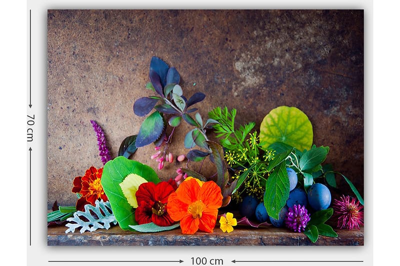 Canvastavla 70x100 cm - Färgstark komposition av blommor och gröna blad - Röd / Grön / Lila - Inredning - Tavlor & konst - Canvastavlor