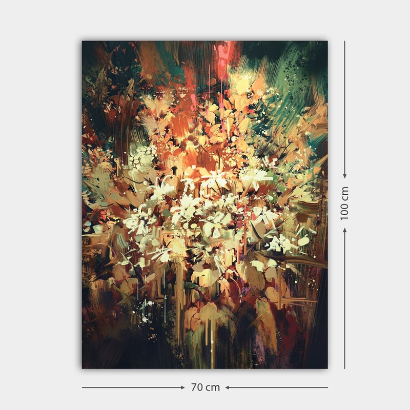 Canvastavla 70x100 cm - Färgstark och abstrakt blomsterkomposition som fångar naturens skönhet - Grön / Orange / Vit - Inredning - Tavlor & konst - Canvastavlor