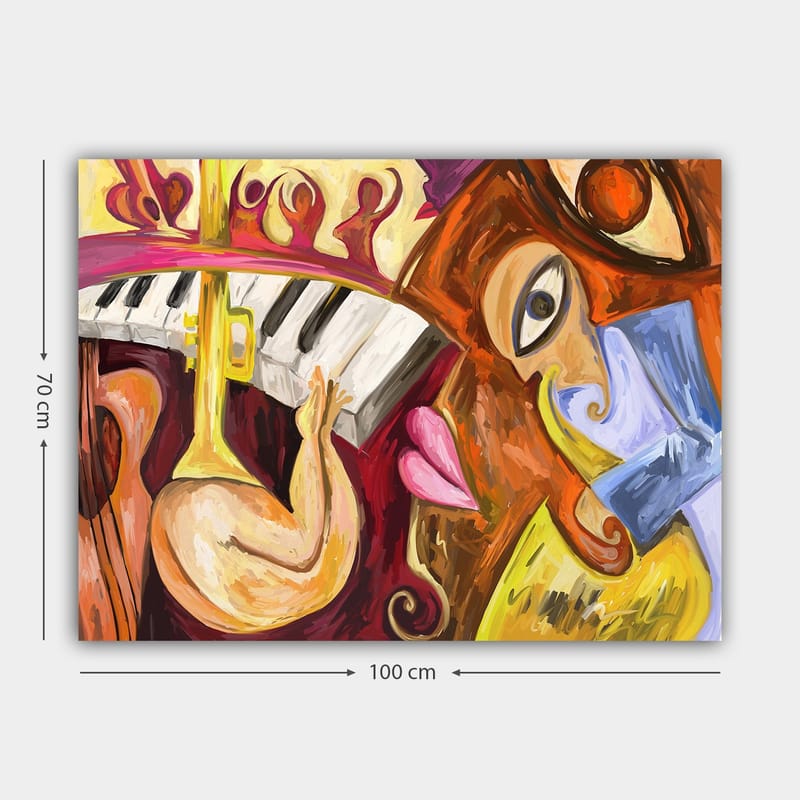 Canvastavla 70x100 cm - Färgstark och abstrakt komposition med musikaliska inslag och ansiktsmotiv - Röd / Gul / Blå - Inredning - Tavlor & konst - Canvastavlor