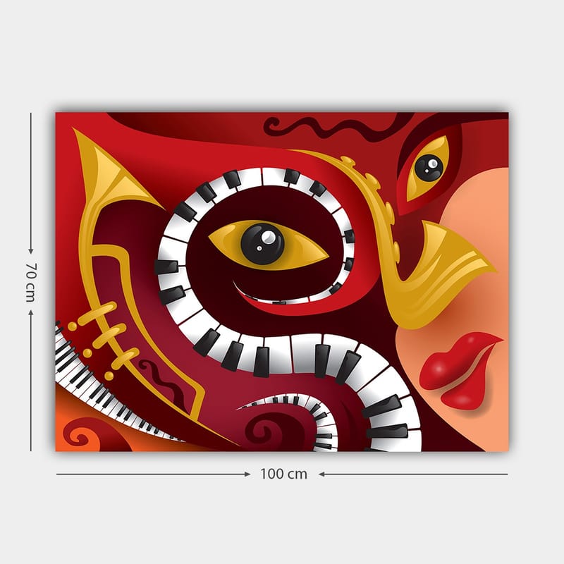 Canvastavla 70x100 cm - Färgstark och abstrakt komposition som förenar musikaliska element med ansiktsdrag - Röd / Svart / Gul - Inredning - Tavlor & konst - Canvastavlor