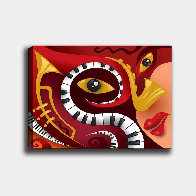 Canvastavla 70x100 cm - Färgstark och abstrakt komposition som förenar musikaliska element med ansiktsdrag, Röd / Svart / Gul
