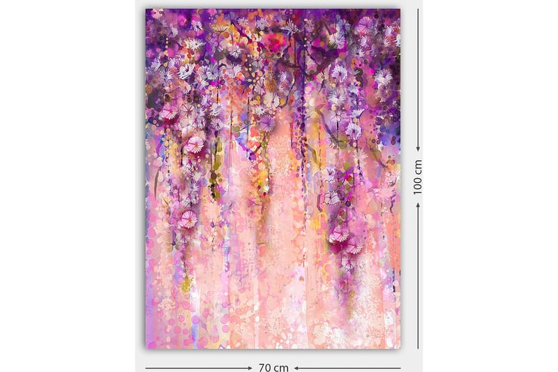 Canvastavla 70x100 cm - Färgstark och abstrakt målning av hängande blommor i lila och rosa nyanser - Lila / Rosa / Gult - Inredning - Tavlor & konst - Canvastavlor