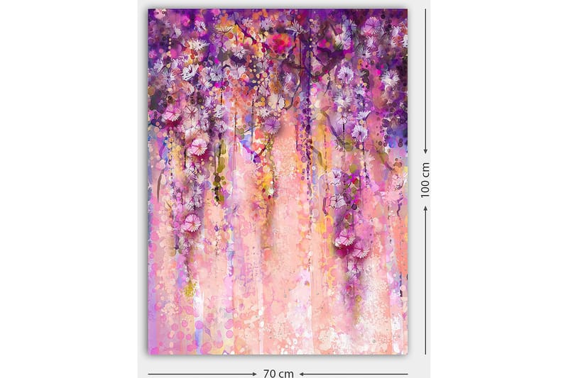 Canvastavla 70x100 cm - Färgstark och abstrakt målning av hängande blommor i lila och rosa nyanser - Lila / Rosa / Gult - Inredning - Tavlor & konst - Canvastavlor