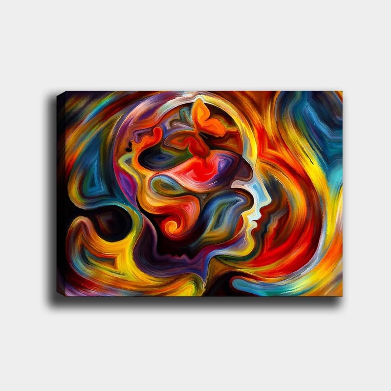 Canvastavla 70x100 cm - Färgstark och abstrakt skildring av en människas profil med inslag av en fjäril som symboliserar transformation och frihet, Röd / Orange / Blå