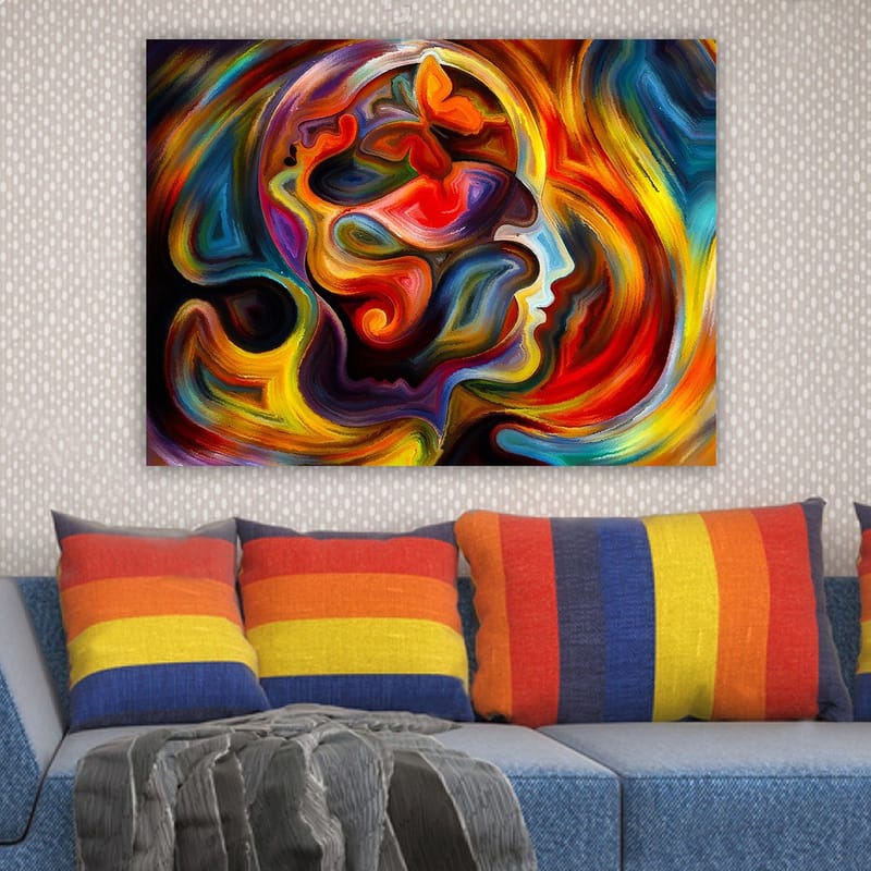 Canvastavla 70x100 cm - Färgstark och abstrakt skildring av en människas profil med inslag av en fjäril som symboliserar transformation och frihet - Röd / Orange / Blå - Inredning - Tavlor & konst - Canvastavlor