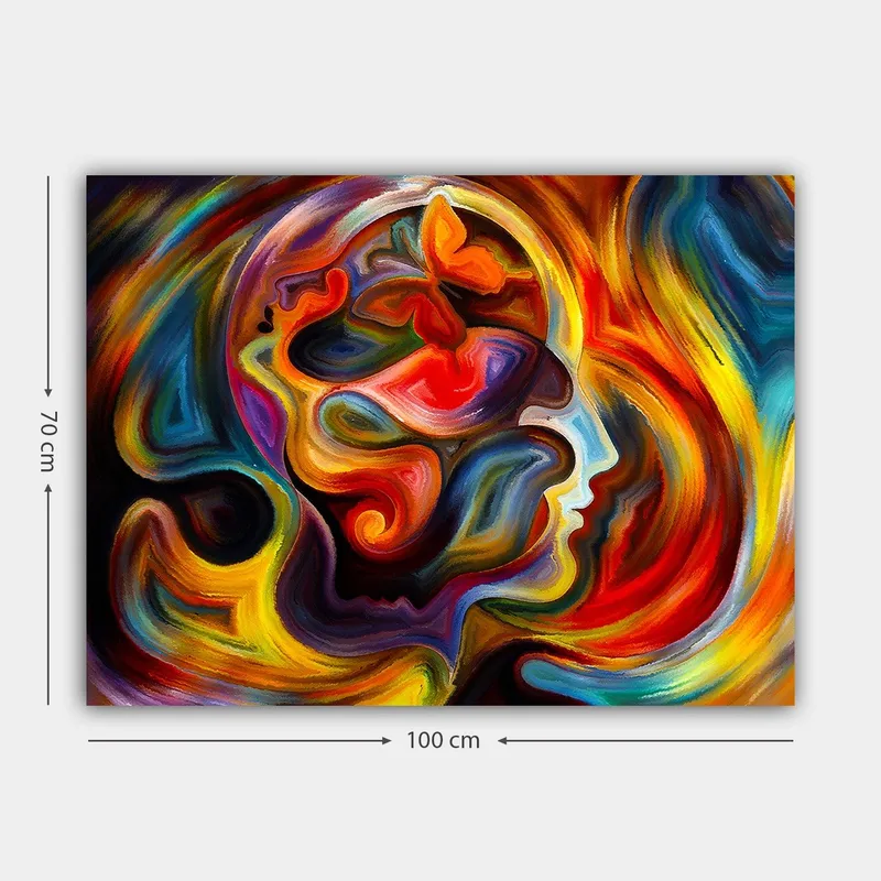 Canvastavla 70x100 cm - Färgstark och abstrakt skildring av en människas profil med inslag av en fjäril som symboliserar transformation och frihet - Röd / Orange / Blå - Inredning - Tavlor & konst - Canvastavlor