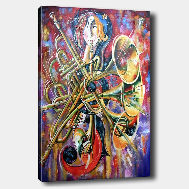 Canvastavla 70x100 cm - Färgstark och abstrakt skildring av en musiker omgiven av olika blåsinstrument - Guld / Röd / Blå - Inredning - Tavlor & konst - Canvastavlor