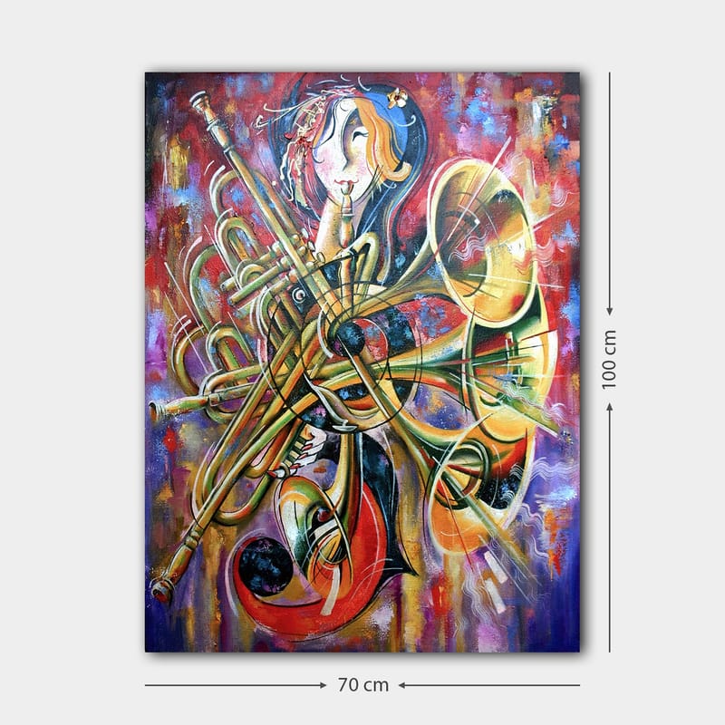 Canvastavla 70x100 cm - Färgstark och abstrakt skildring av en musiker omgiven av olika blåsinstrument - Guld / Röd / Blå - Inredning - Tavlor & konst - Canvastavlor
