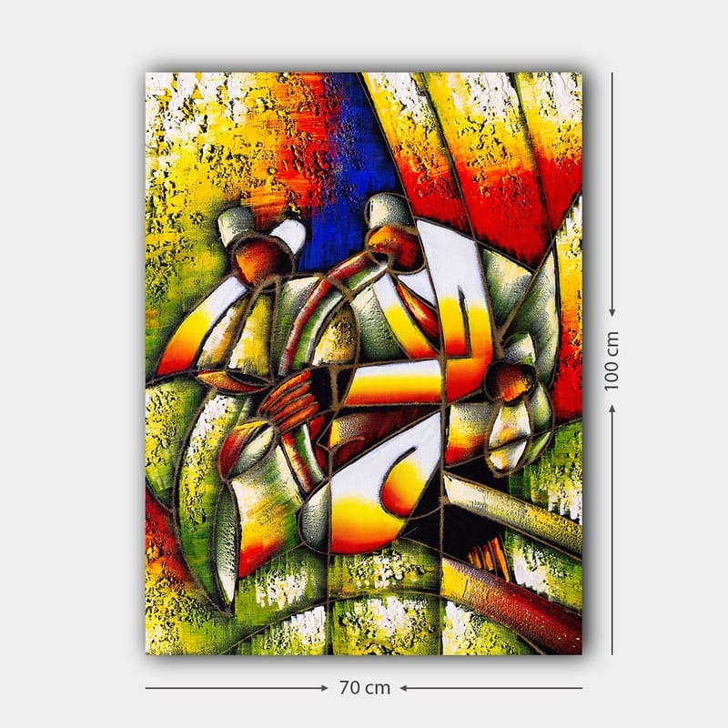 Canvastavla 70x100 cm - Färgstark och abstrakt skildring av människor som interagerar med varandra - Grön / Gul / Röd - Inredning - Tavlor & konst - Canvastavlor