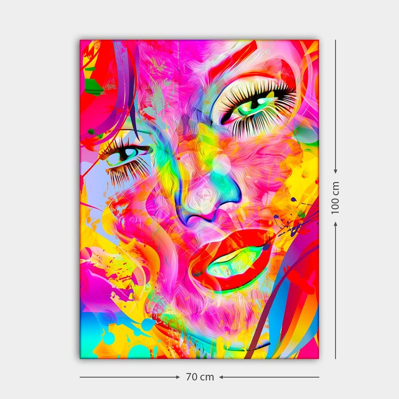 Canvastavla 70x100 cm - Färgstark och abstrakt porträtt av en kvinna med uttrycksfulla ögon och läppar - Rosa / Gul / Grön - Inredning - Tavlor & konst - Canvastavlor