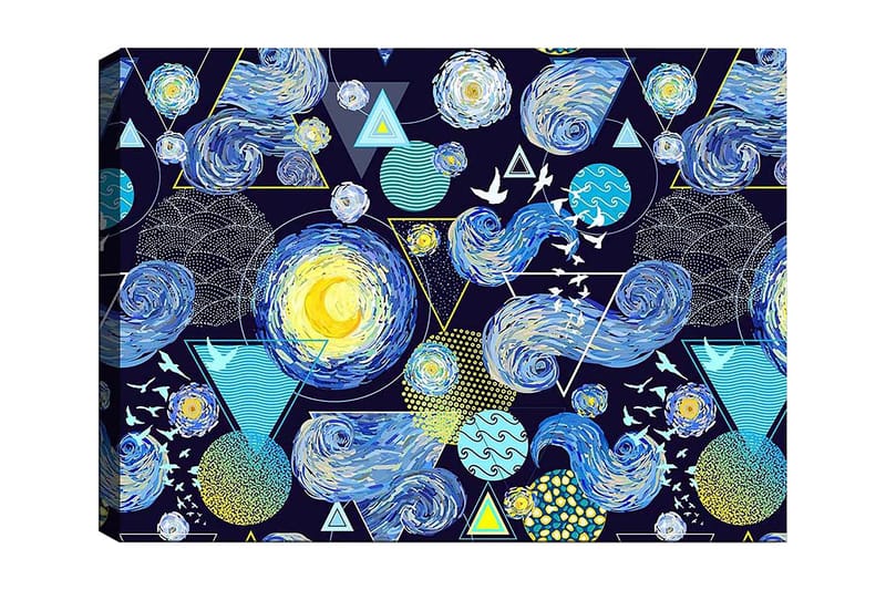Canvastavla 70x100 cm - Färgstark och dynamisk tolkning av natthimlen med snurrande galaxer och geometriska former - Blå / Gul / Vit - Inredning - Tavlor & konst - Canvastavlor
